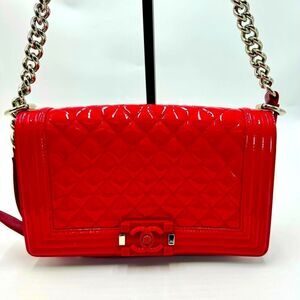 Chanel Boy Red Plexiglass Quilted Matelasse Patent Leather Med Shoulder Bag Ex++